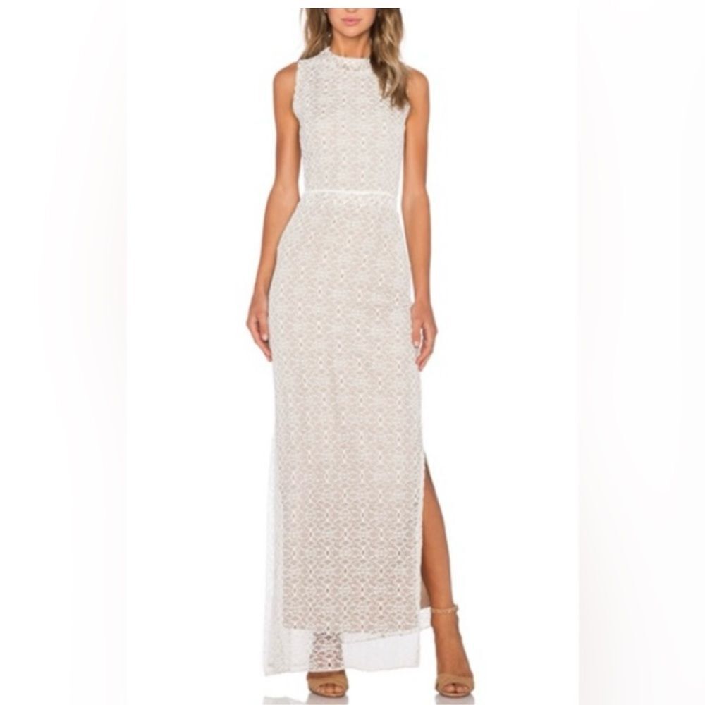 Again for Revolve Women's Size Medium Ivory Cream Isabel Nude Lace Evening Dress